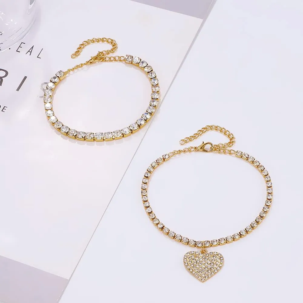 Gold Ankle Bracelets for Women,Sandbeach Anklets Bracelets,Waterproof Cuban Butterfly Heart Crystal Rhinestone Link Chain Anklets Set Dainty Jewelry Gift