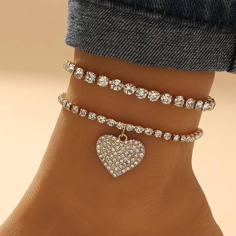 Gold Ankle Bracelets for Women,Sandbeach Anklets Bracelets,Waterproof Cuban Butterfly Heart Crystal Rhinestone Link Chain Anklets Set Dainty Jewelry Gift