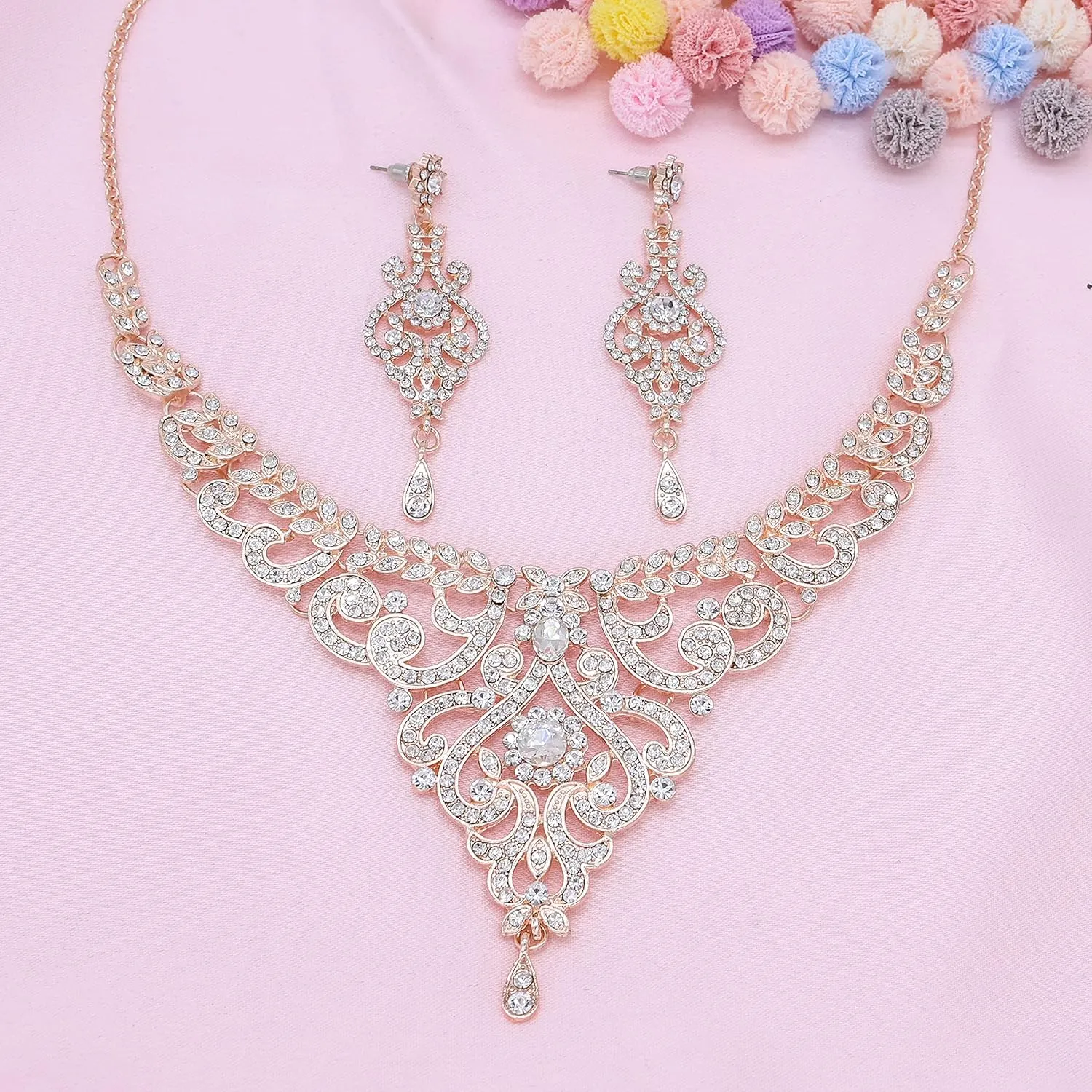 Gold Bridal Jewelry Set for Women, Necklace Dangle Earrings Bracelet Set Wedding Party Costume Jewelry For Women