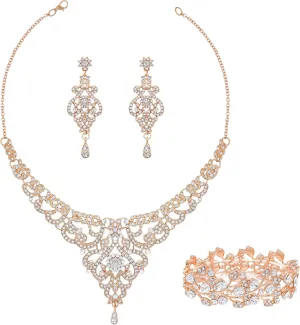 Gold Bridal Jewelry Set for Women, Necklace Dangle Earrings Bracelet Set Wedding Party Costume Jewelry For Women