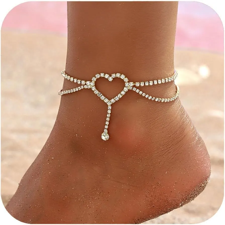 Gold Heart Anklets for Women Silver Sparkly Drop Crystal Anklets Pendent Cubic Zirconia Decorative Adjustable Length Anklet Birthday Holidays Hypoallergenic Jewelry