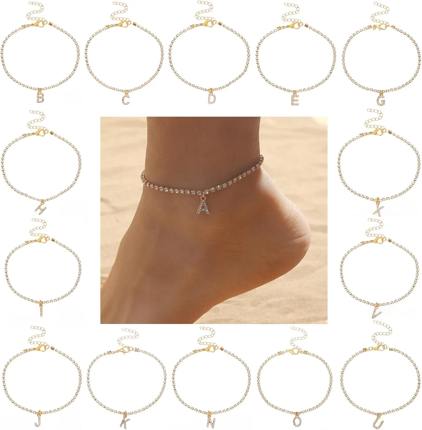 Gold Initial Tennis Letter Anklet Bracelets for Women,Dainty Cubic Zirconia A-Z Alphabet Anklet Footchain Personalized Jewelry Gifts