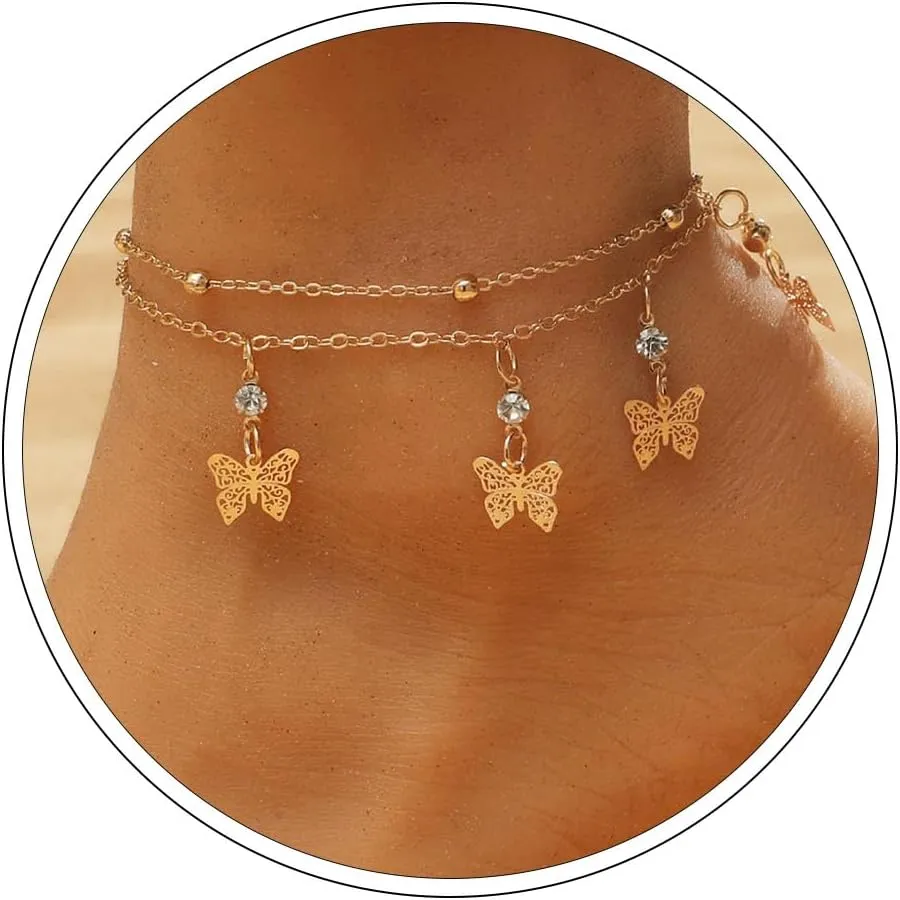 Gold Tennis Ankle Bracelet Layered Crystal Chain Anklet Shiny CZ Heart Anklet Beach Wedding Tennis Ankle Chain Foot Jewelry for Women