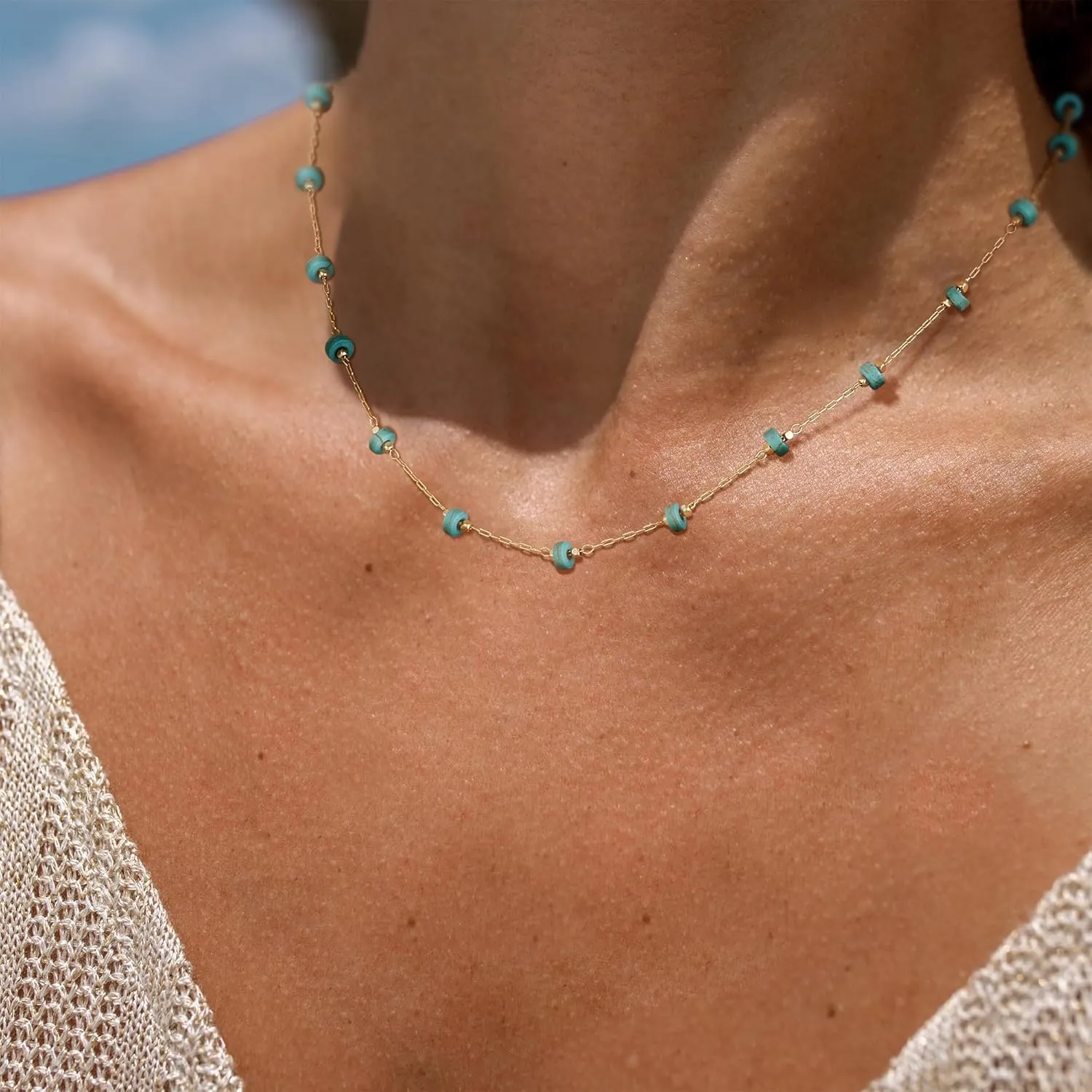 Gold Turquoise Choker Necklaces for Women 14K Gold Plated Dainty Turquoise Beads Choker Simple Cute Summer Jewelry