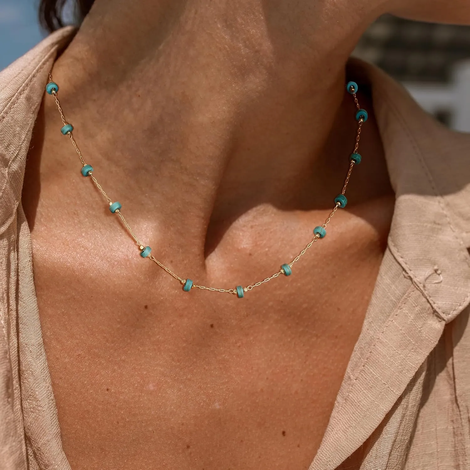 Gold Turquoise Choker Necklaces for Women 14K Gold Plated Dainty Turquoise Beads Choker Simple Cute Summer Jewelry