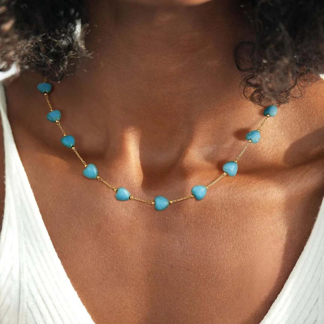 Gold Turquoise Choker Necklaces for Women 14K Gold Plated Dainty Turquoise Beads Choker Simple Cute Summer Jewelry