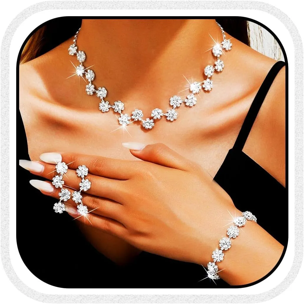 GORAIS Wedding Jewelry Sets Silver Rhinestone Necklace Earrings Set Bridal Costume Jewelry for Women and Brides