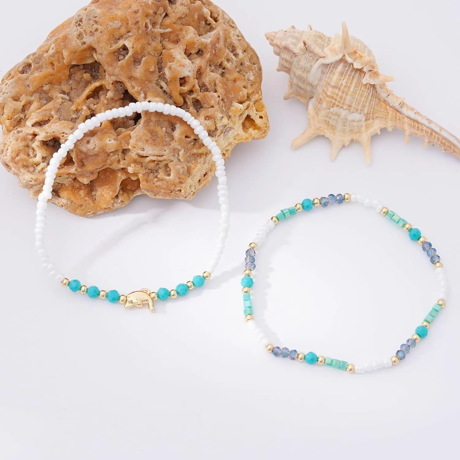 Handmade Colourful Beaded Anklets for Women Boho Colorful Beads Layered Gold Ankle Bracelets for Women Waterproof Anklets Sea Starfish Whelk Charm Foot Summer Beach Jewelry Gift