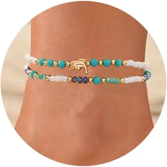 Handmade Colourful Beaded Anklets for Women Boho Colorful Beads Layered Gold Ankle Bracelets for Women Waterproof Anklets Sea Starfish Whelk Charm Foot Summer Beach Jewelry Gift
