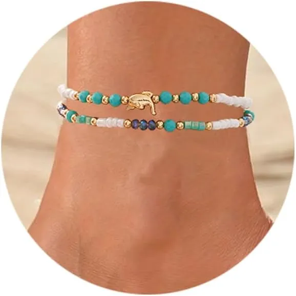 Handmade Colourful Beaded Anklets for Women Boho Colorful Beads Layered Gold Ankle Bracelets for Women Waterproof Anklets Sea Starfish Whelk Charm Foot Summer Beach Jewelry Gift