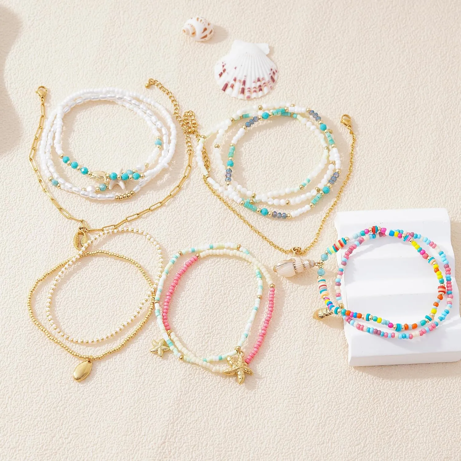 Handmade Colourful Beaded Anklets for Women Boho Colorful Beads Layered Gold Ankle Bracelets for Women Waterproof Anklets Sea Starfish Whelk Charm Foot Summer Beach Jewelry Gift