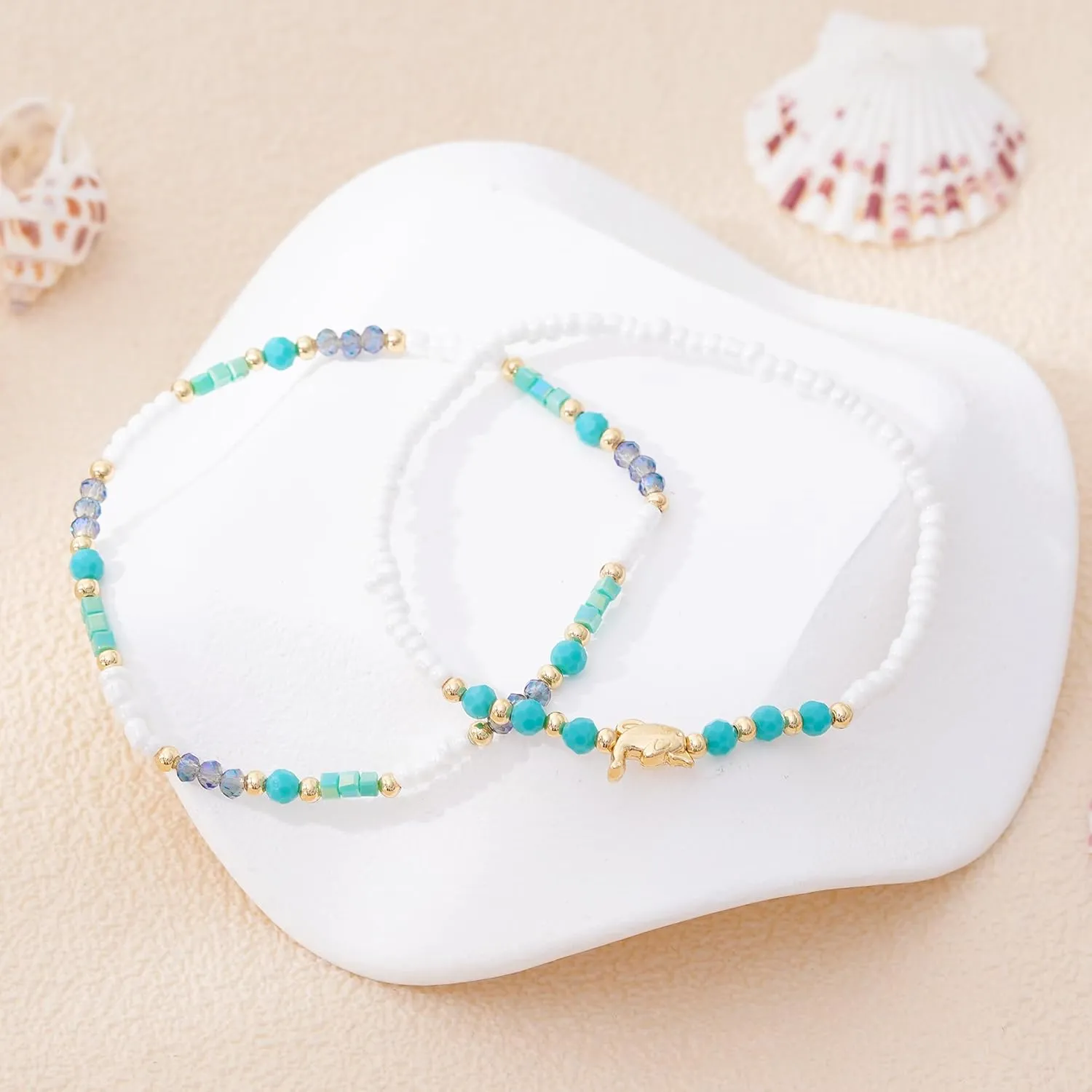 Handmade Colourful Beaded Anklets for Women Boho Colorful Beads Layered Gold Ankle Bracelets for Women Waterproof Anklets Sea Starfish Whelk Charm Foot Summer Beach Jewelry Gift