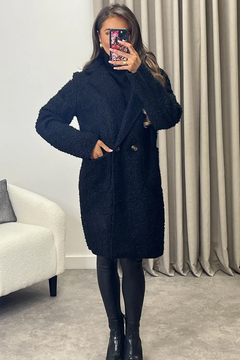 Harietta Black Teddy Borg Button Front Longline Jacket