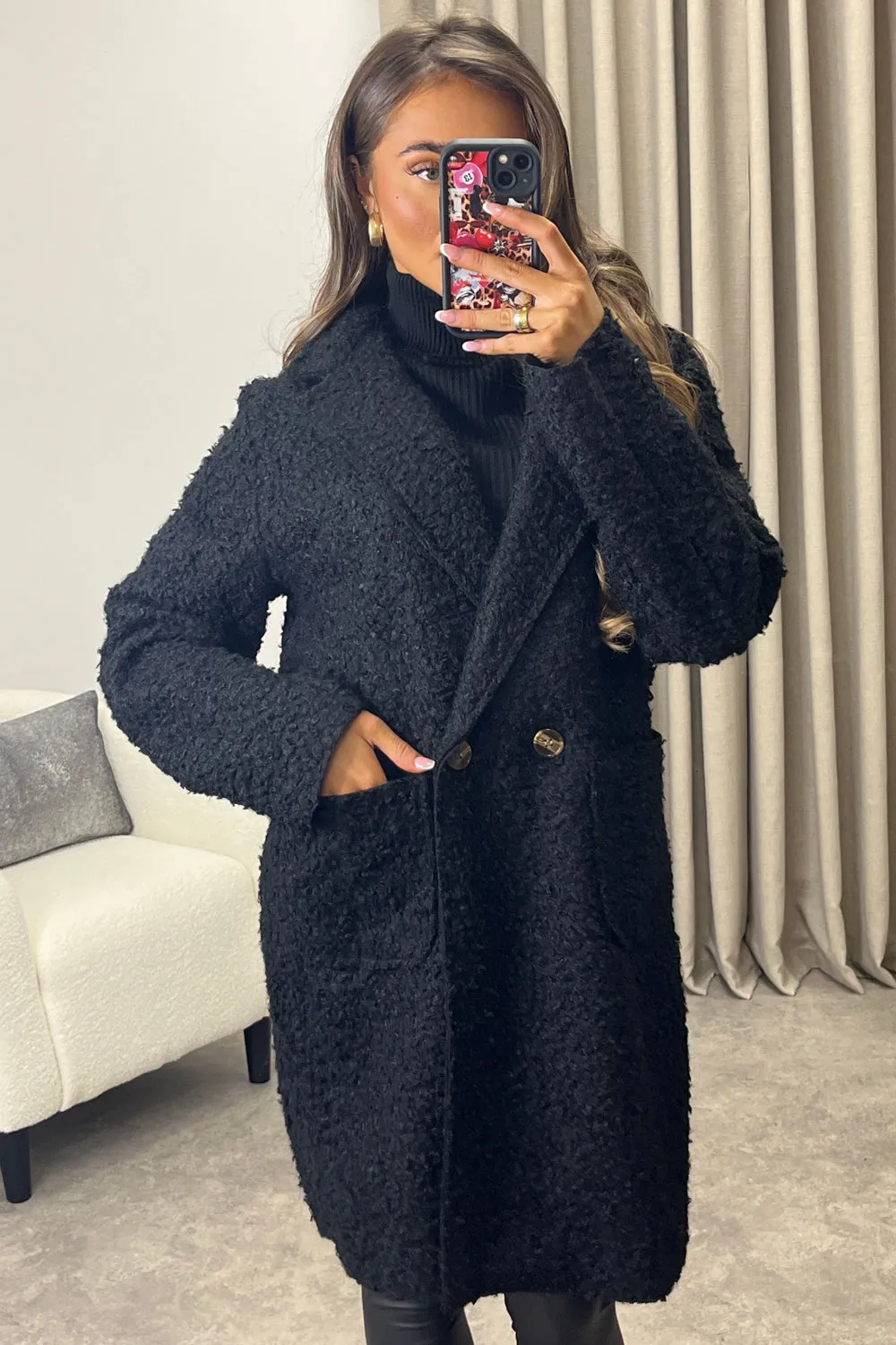Harietta Black Teddy Borg Button Front Longline Jacket