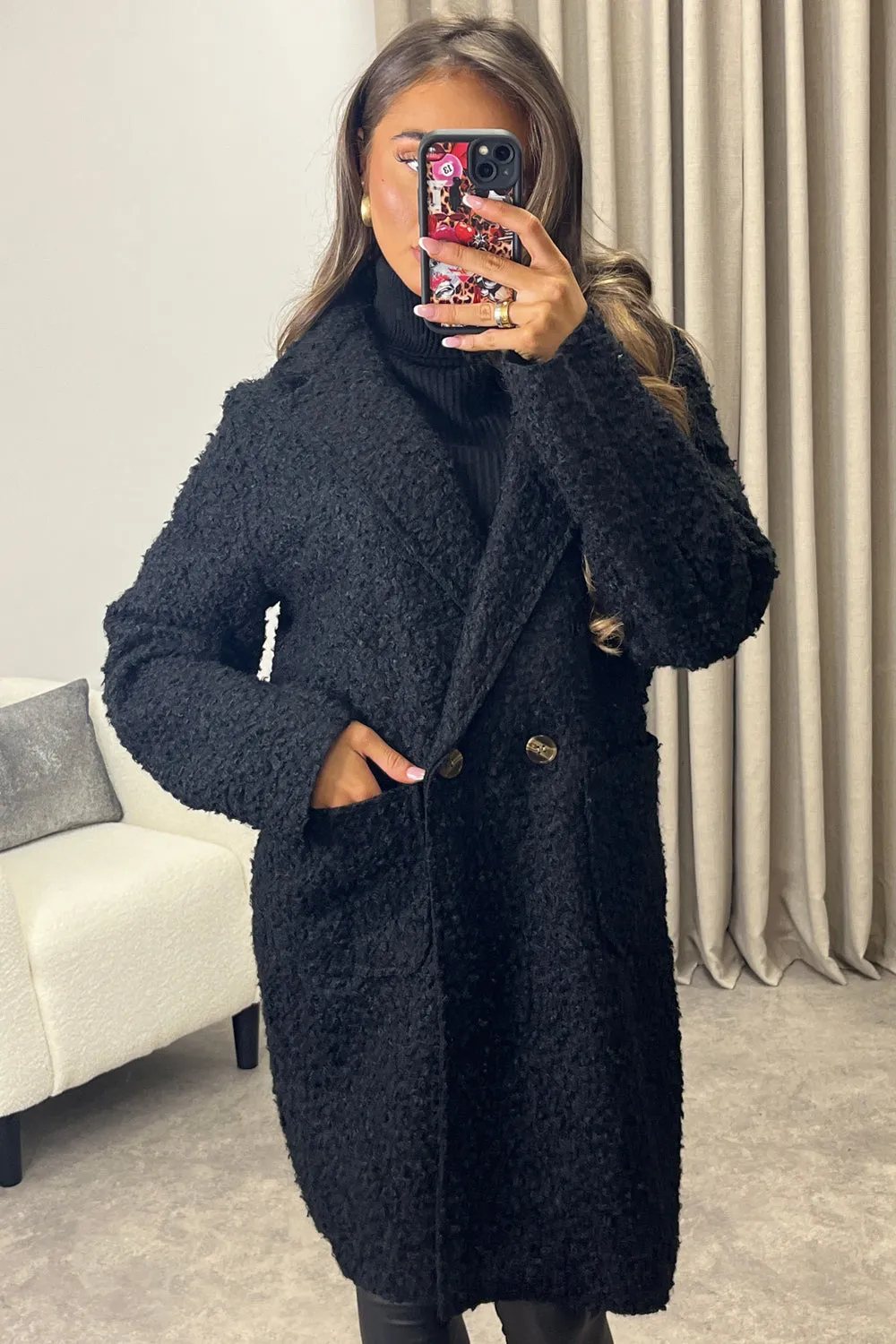 Harietta Black Teddy Borg Button Front Longline Jacket