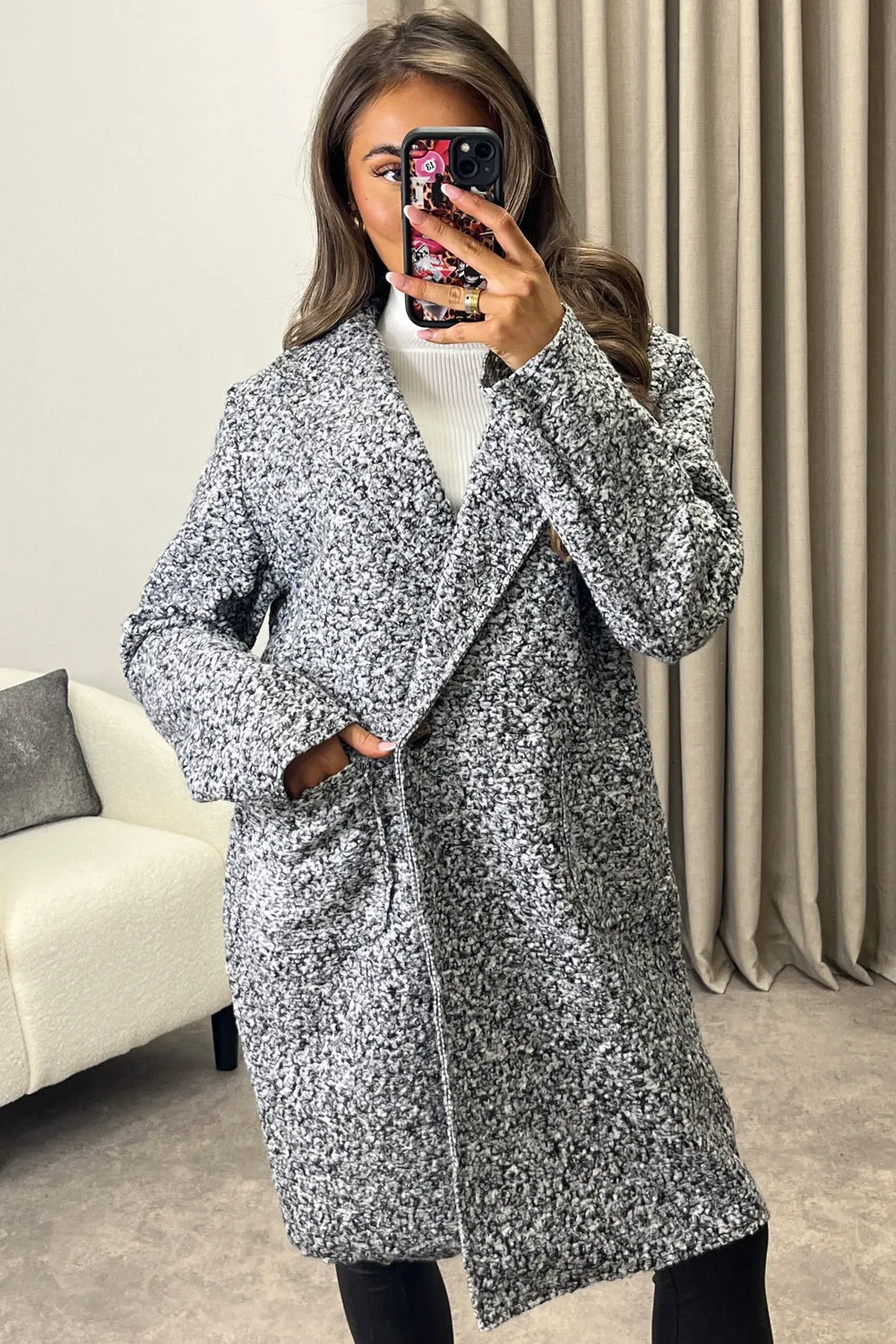 Harietta Grey Teddy Borg Button Front Longline Jacket