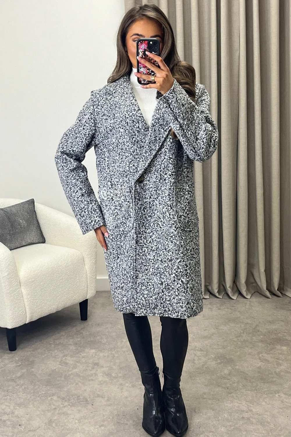 Harietta Grey Teddy Borg Button Front Longline Jacket