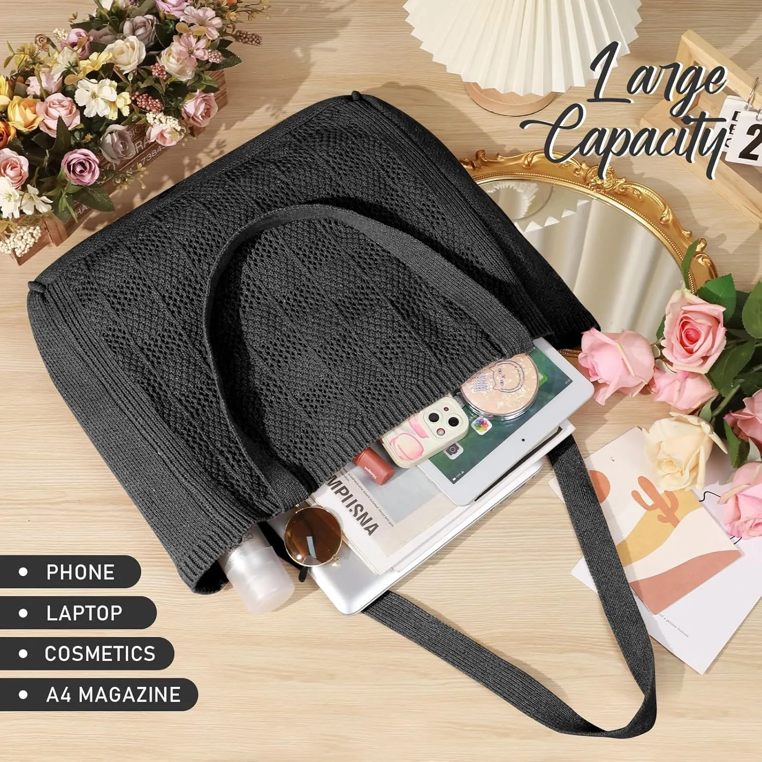 hatisan Crochet Bags for Women - Large Tote Aesthetic Handbag Shoulder Hippie Knit Bag