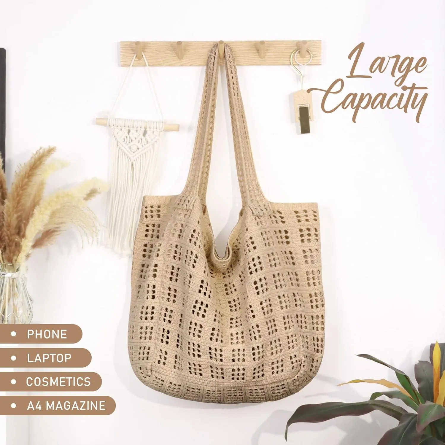 hatisan Crochet Bags for Women - Large Tote Aesthetic Handbag Shoulder Hippie Knit Bag