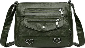 Heart Decor Crossbody Bag Solid Vintage PU Leather Shoulder Bag Versatile Women Sturdy Sling Messenger (Green, One Size)