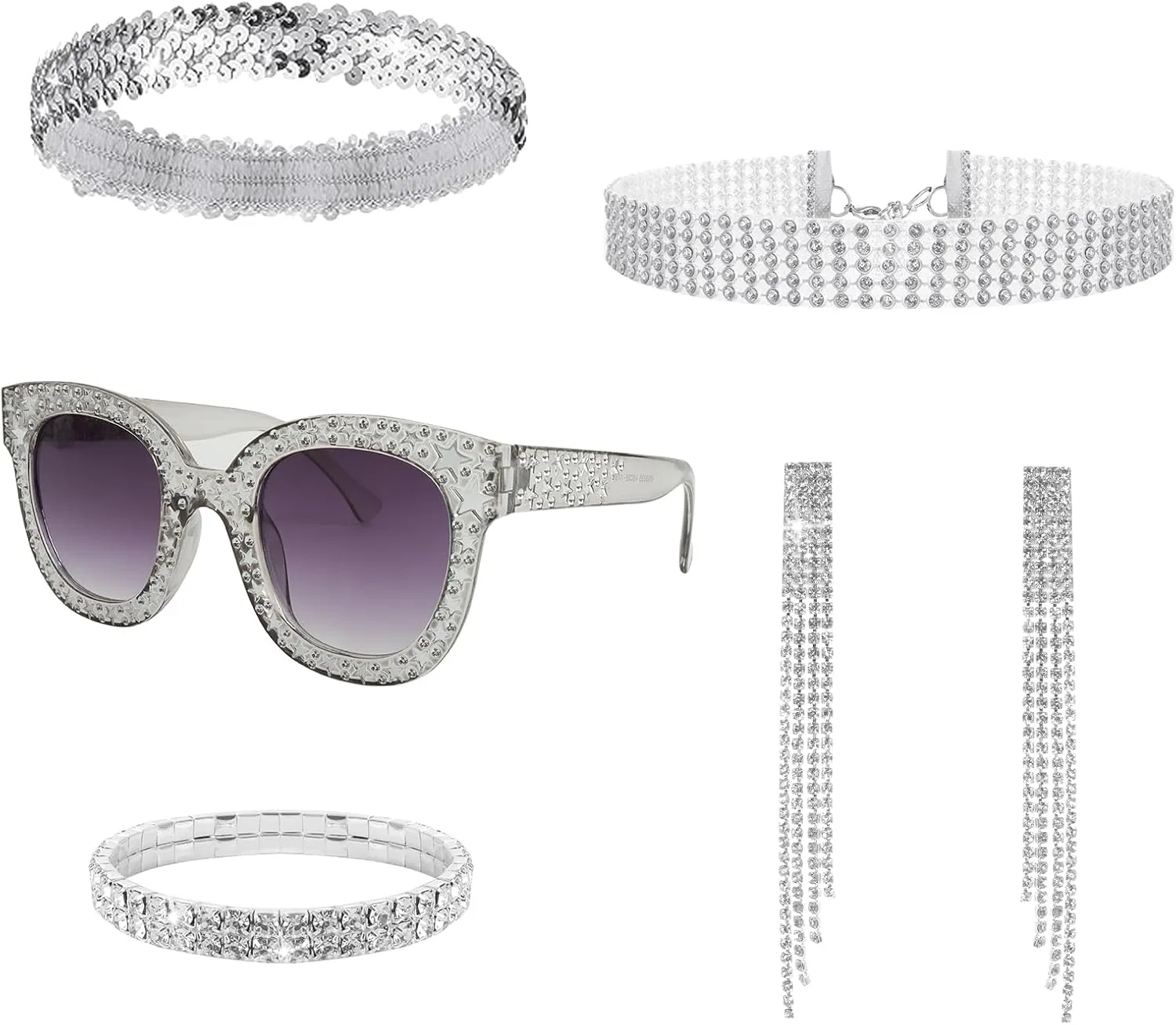 Heliltd 5pcs 70s Disco Rhinestone Costume Accessories Set - Hippie Sequin Jewelry for Women - 1970s Halloween - Includes Necklace, Earrings, Bracelet, Sunglasses, Headband
