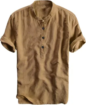 Henley Shirts for Men, Band Collar Short Sleeve Shirt Summer Beach Hippie Shirt Lightweight Regular-Fit Yoga Tops