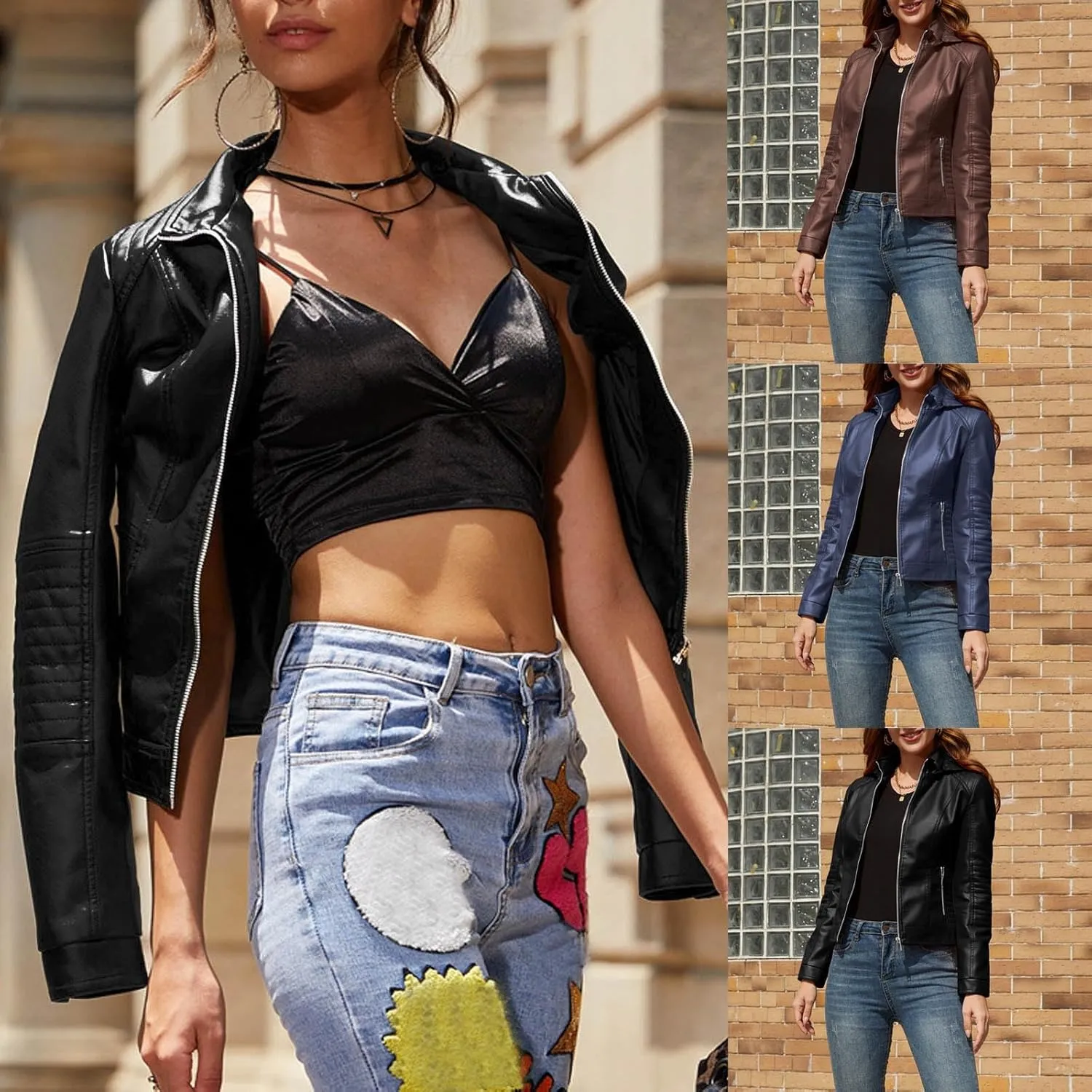 HGps8w Women's Faux Leather Jacket Classic Full Zip Motorcycle Jackets PU Biker Coat with Removable Hood