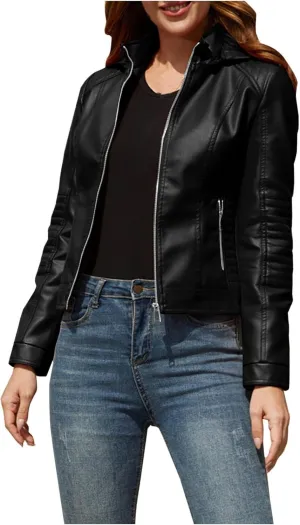 HGps8w Women's Faux Leather Jacket Classic Full Zip Motorcycle Jackets PU Biker Coat with Removable Hood