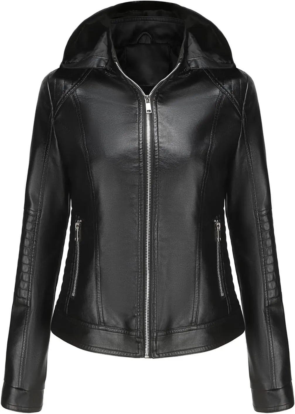 HGps8w Women's Faux Leather Jacket Classic Full Zip Motorcycle Jackets PU Biker Coat with Removable Hood