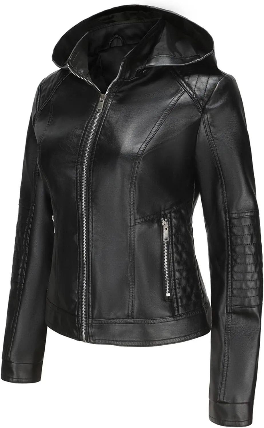 HGps8w Women's Faux Leather Jacket Classic Full Zip Motorcycle Jackets PU Biker Coat with Removable Hood