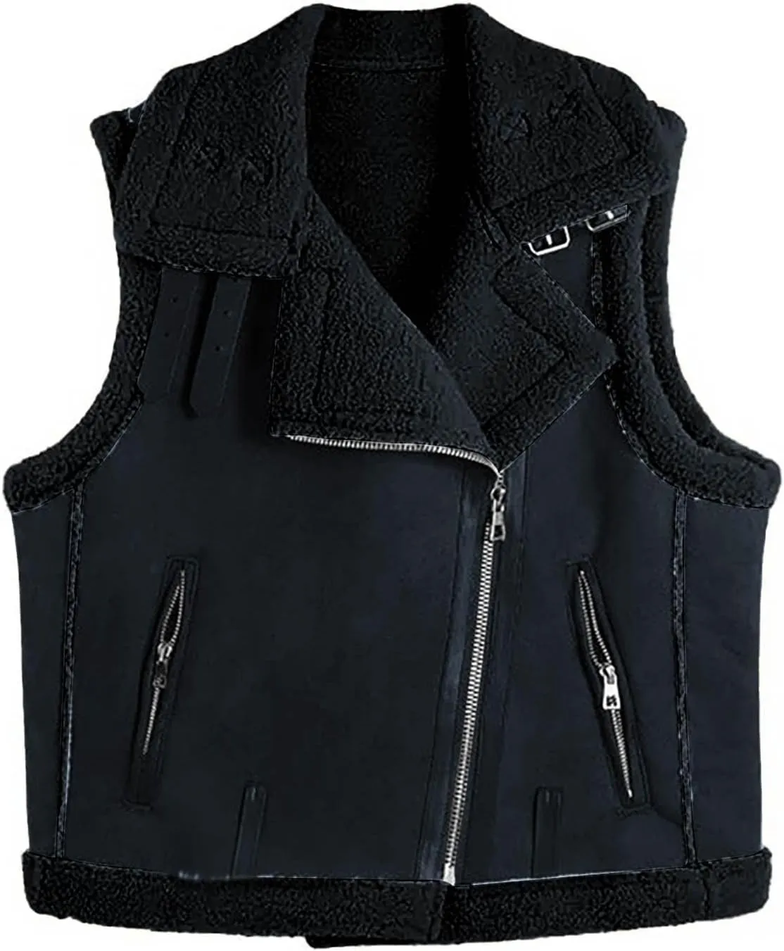 HGps8w Women's Suede Sherpa Lined Leather Vest Jacket Warm Winter Zip Up Sleeveless Lambwool Fur Coat with Pockets
