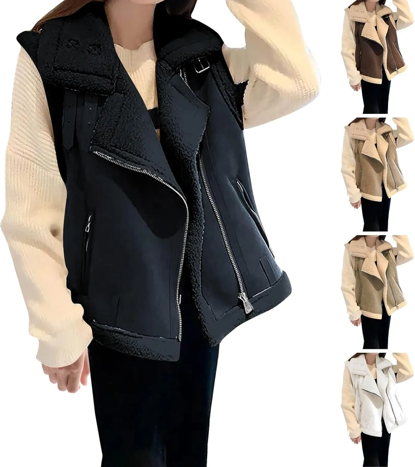 HGps8w Women's Suede Sherpa Lined Leather Vest Jacket Warm Winter Zip Up Sleeveless Lambwool Fur Coat with Pockets