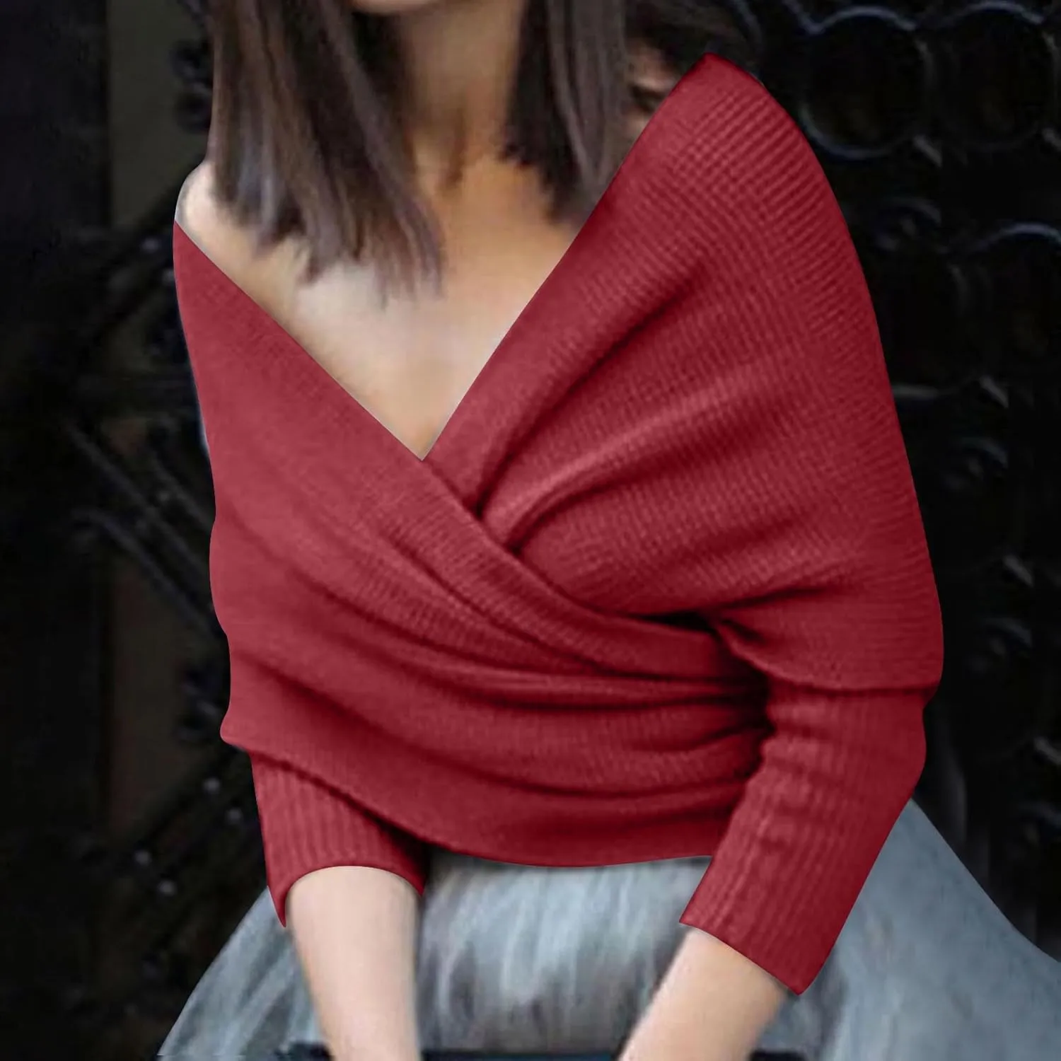 HGps8w Women's Wrap V Neck Cropped Sweaters Shawl, 2025 Fall Long Sleeve Cross Front Off Shoulder Solid Knitted Pullover Tops