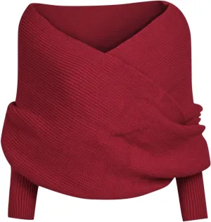 HGps8w Women's Wrap V Neck Cropped Sweaters Shawl, 2025 Fall Long Sleeve Cross Front Off Shoulder Solid Knitted Pullover Tops