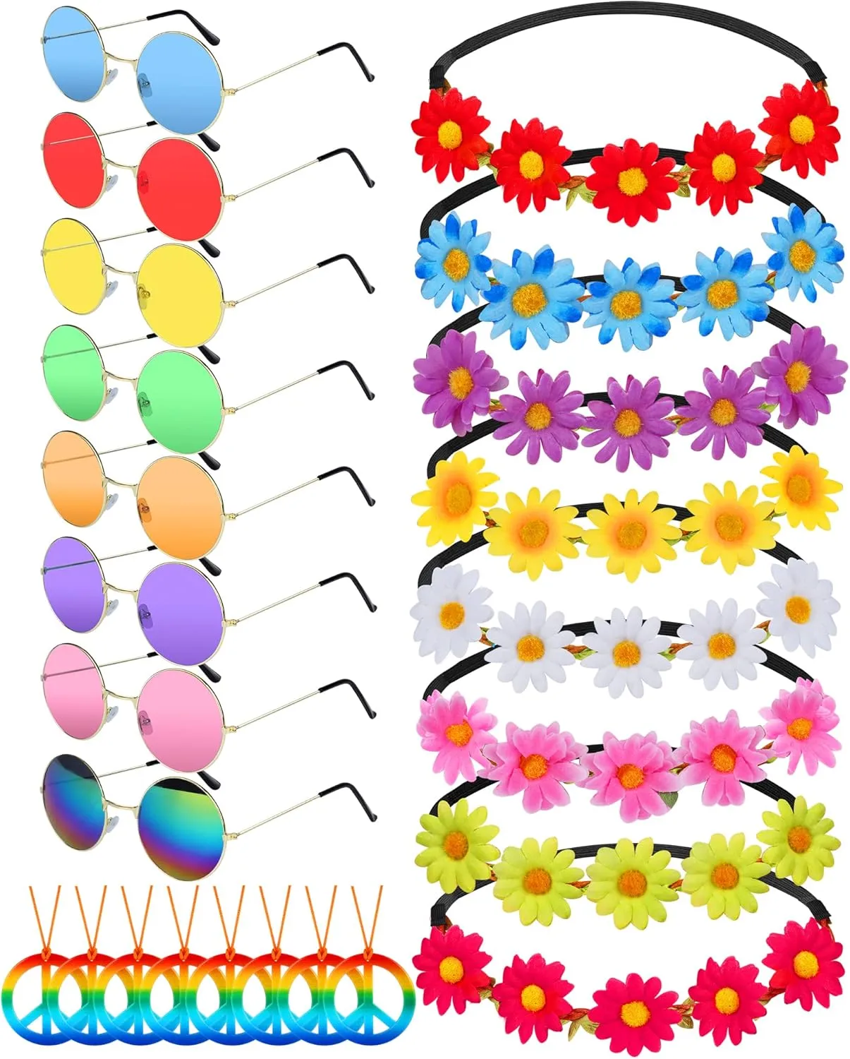 Hippie Accessories, 24 Pieces 60s 70s Women Hippie Costume Accessories Including 8 Pieces Peace Sign Necklaces, 8 Pieces Sunflower Hippie Headbands, 8 Pieces Hippie Glasses for Party