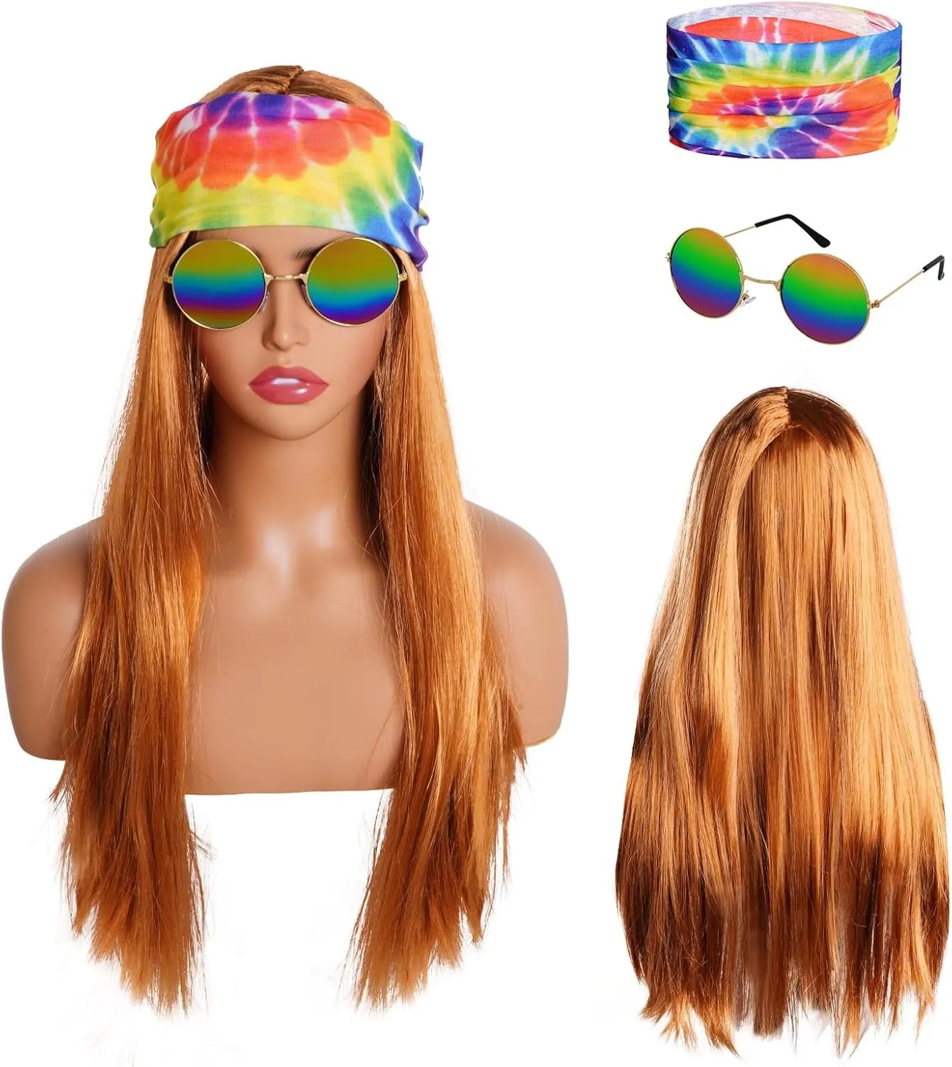 Hippie Costume Wig with Bandana Tie Dye Headband Rainbow Sunglasses 60s 70s Hippie Outfits Halloween Cosplay Accessories for Women Men