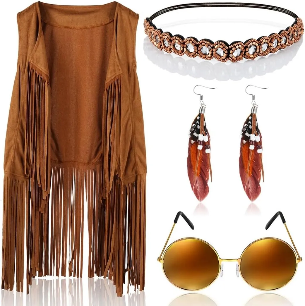 Hippie Fashion Set For Women: Tassel Vest, Boho Headband, Feather Earrings, Retro Sunglasses For 60S & 70S