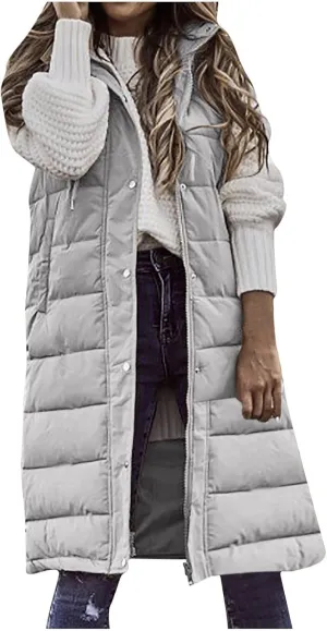 hlysgo Women's Hooded Long Down Vest Full-Zip Sleeveless Puffer Vest Fashion Quilted Coats Jacket Outerwear with Side Zip
