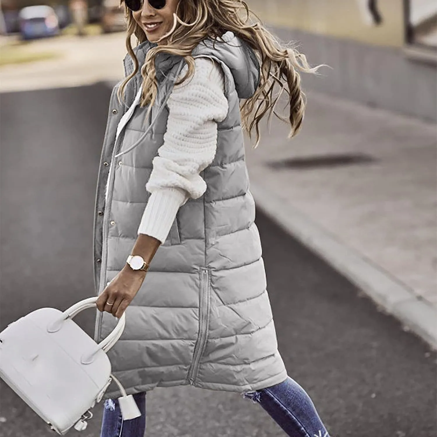 hlysgo Women's Hooded Long Down Vest Full-Zip Sleeveless Puffer Vest Fashion Quilted Coats Jacket Outerwear with Side Zip
