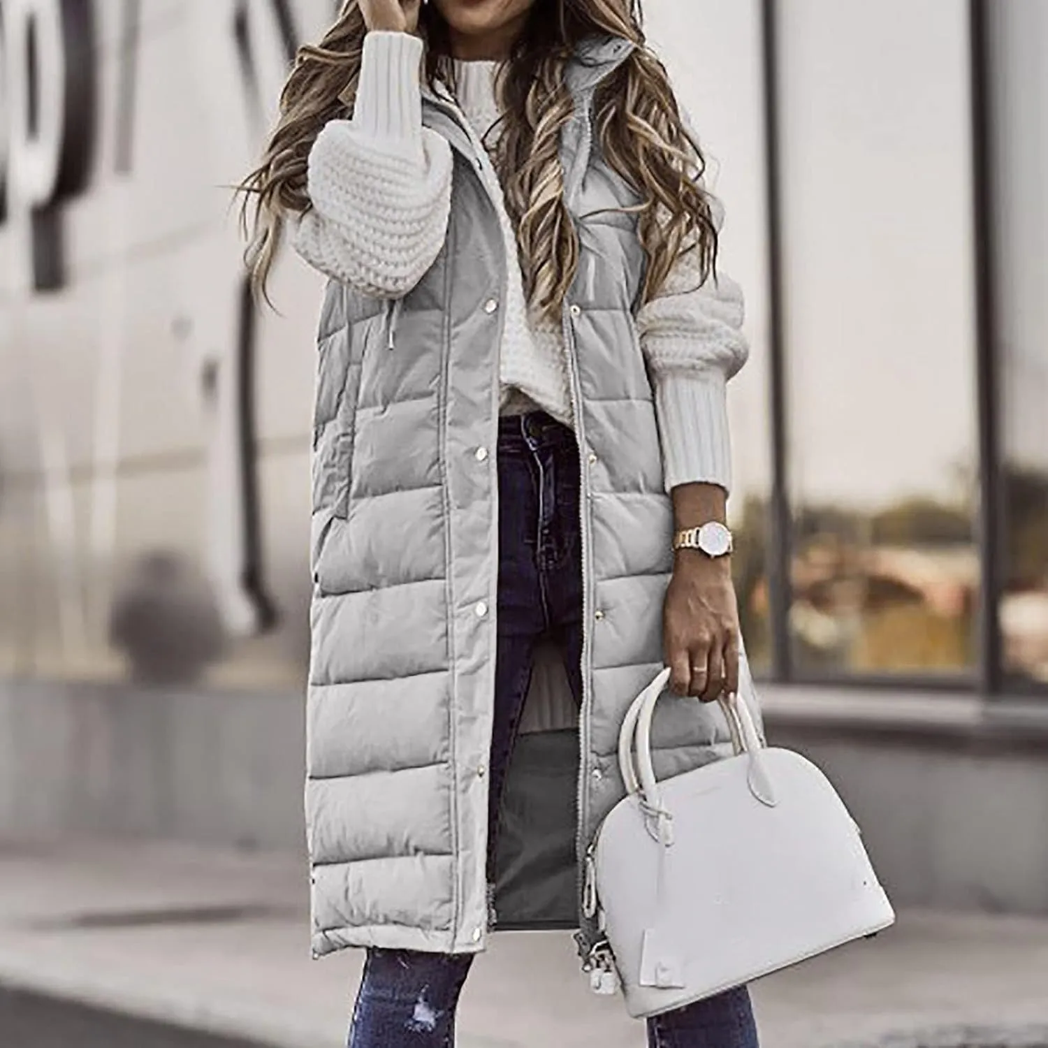 hlysgo Women's Hooded Long Down Vest Full-Zip Sleeveless Puffer Vest Fashion Quilted Coats Jacket Outerwear with Side Zip