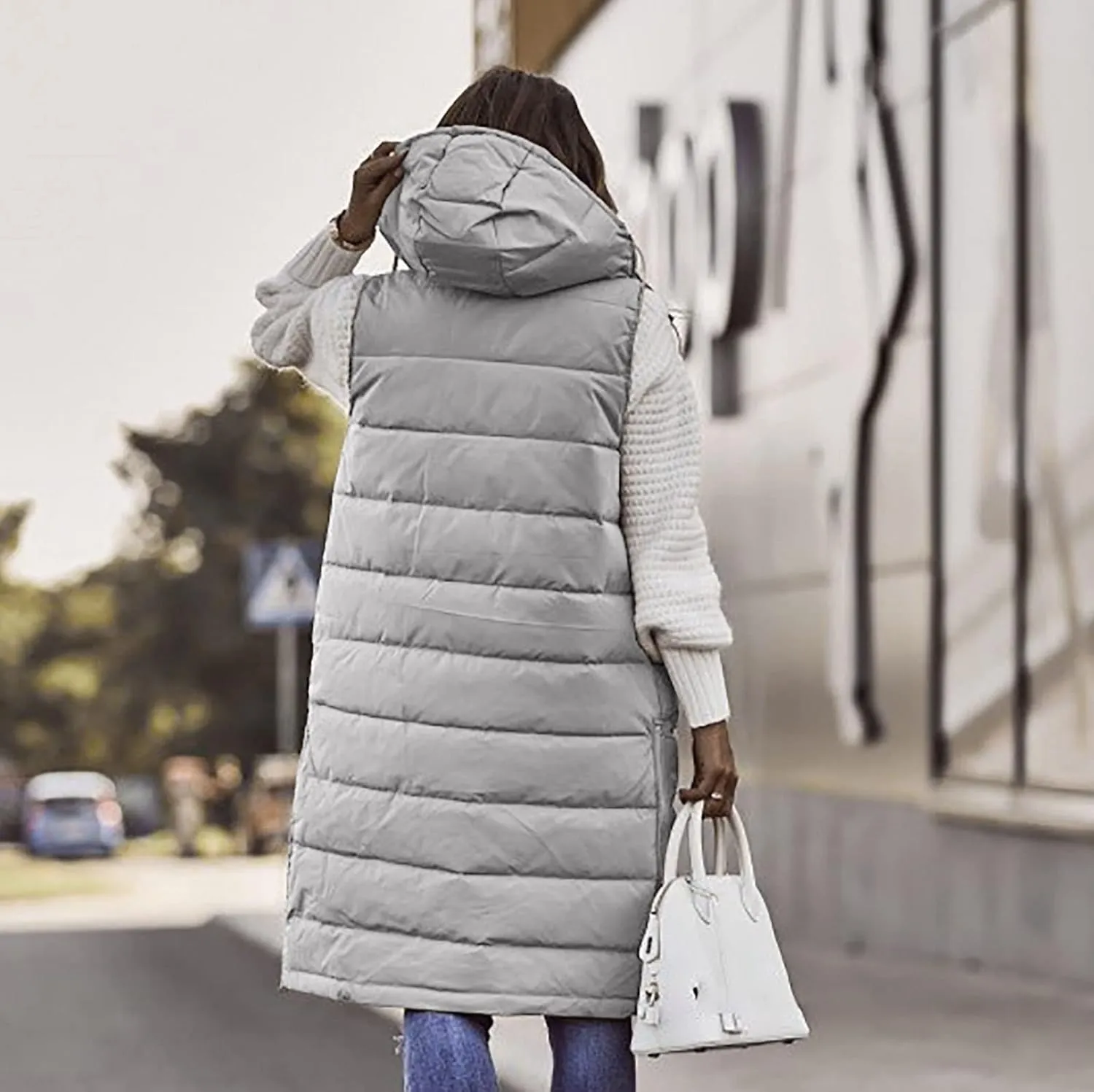 hlysgo Women's Hooded Long Down Vest Full-Zip Sleeveless Puffer Vest Fashion Quilted Coats Jacket Outerwear with Side Zip