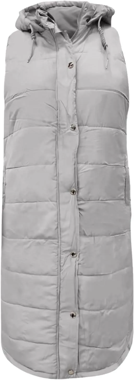 hlysgo Women's Hooded Long Down Vest Full-Zip Sleeveless Puffer Vest Fashion Quilted Coats Jacket Outerwear with Side Zip