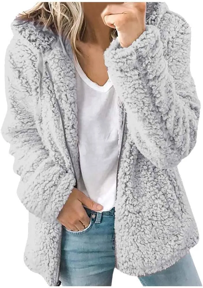 Hoodies for Women Furry Fleece Winter Coat Fuzzy Full Zip Hooded Outwear Faux Fur Jackets with Hood Sweatshirt