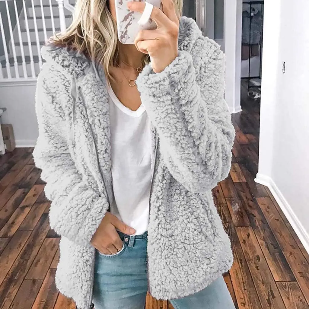 Hoodies for Women Furry Fleece Winter Coat Fuzzy Full Zip Hooded Outwear Faux Fur Jackets with Hood Sweatshirt