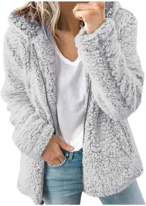 Hoodies for Women Furry Fleece Winter Coat Fuzzy Full Zip Hooded Outwear Faux Fur Jackets with Hood Sweatshirt