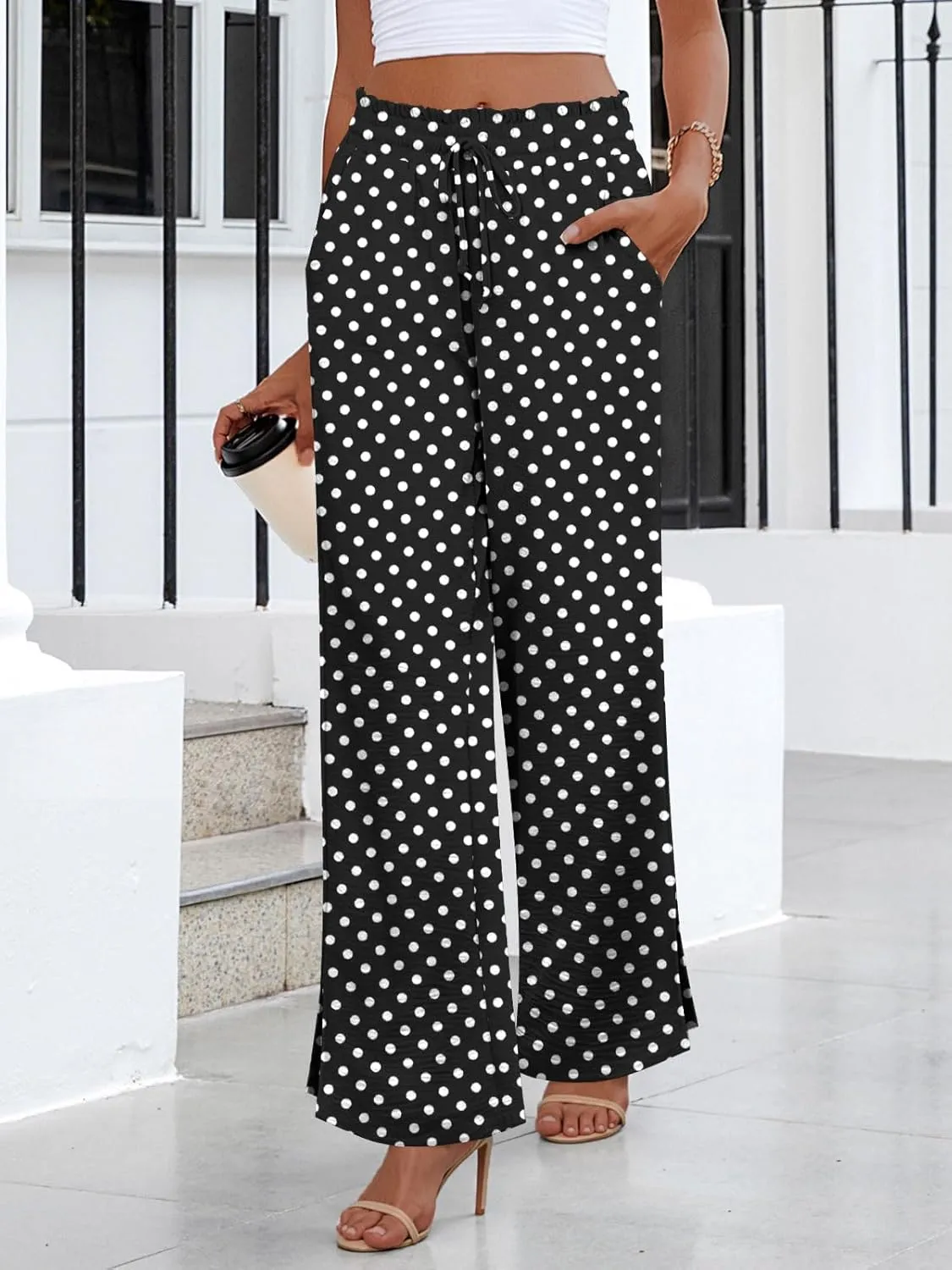 HOTGIFT 2025 Womens Pants Wide Leg High Waisted Adjustable Drawstring Trousers with Pockets Casual Lightweight