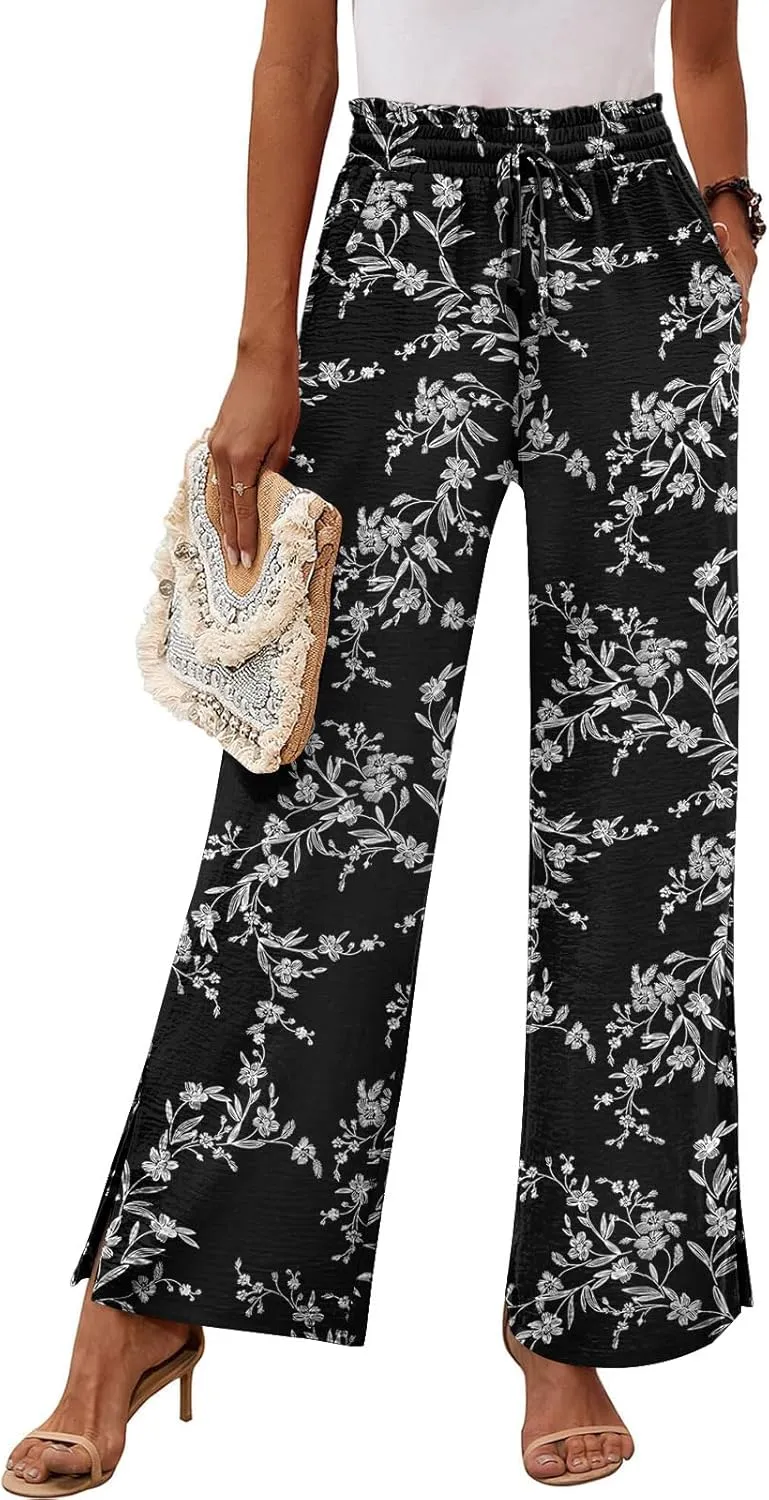 HOTGIFT 2025 Womens Pants Wide Leg High Waisted Adjustable Drawstring Trousers with Pockets Casual Lightweight