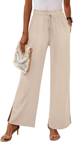 HOTGIFT 2025 Womens Pants Wide Leg High Waisted Adjustable Drawstring Trousers with Pockets Casual Lightweight