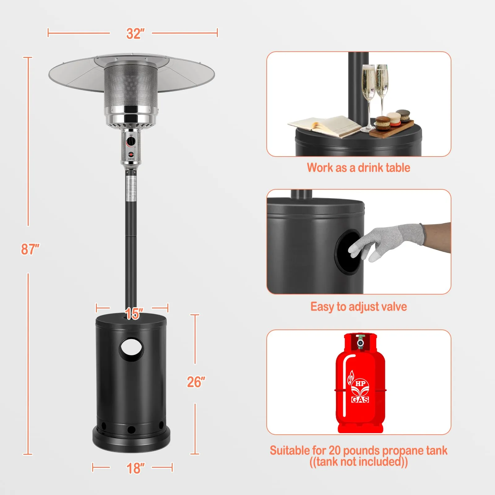 Hykolity 50,000 BTU Propane Patio Heater, Stainless Steel Burner, Triple Protection System, Wheels, Outdoor Heaters for Patio, Garden, Commercial and Residential, Black