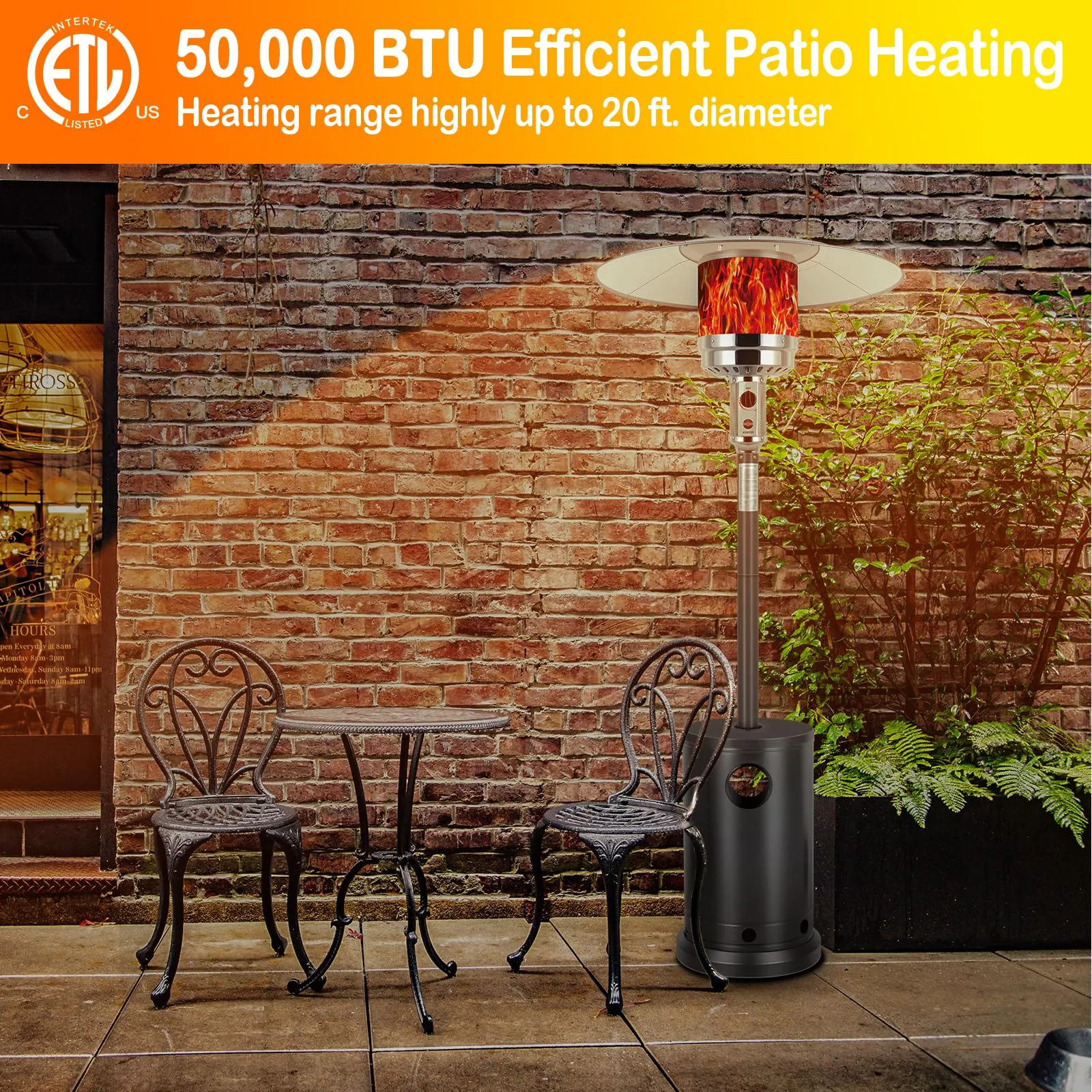 Hykolity 50,000 BTU Propane Patio Heater, Stainless Steel Burner, Triple Protection System, Wheels, Outdoor Heaters for Patio, Garden, Commercial and Residential, Black